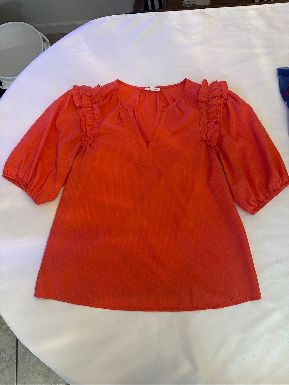 Ruffled Shoulder V-Neck Blouse in Bright Red